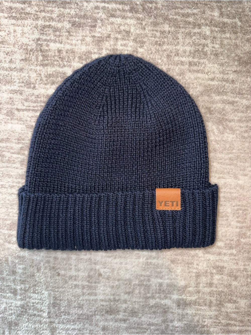 Yeti Navy Knit Beanie with Tan Leather Patch
